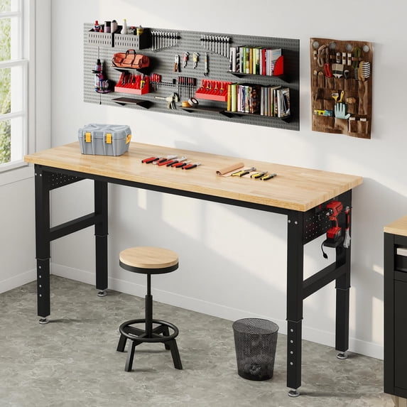 Jocisland Adjustable Heavy-Duty Workbench, 4000 lbs Capacity, Rubber Wood Top, for Garage, Workshop and Office