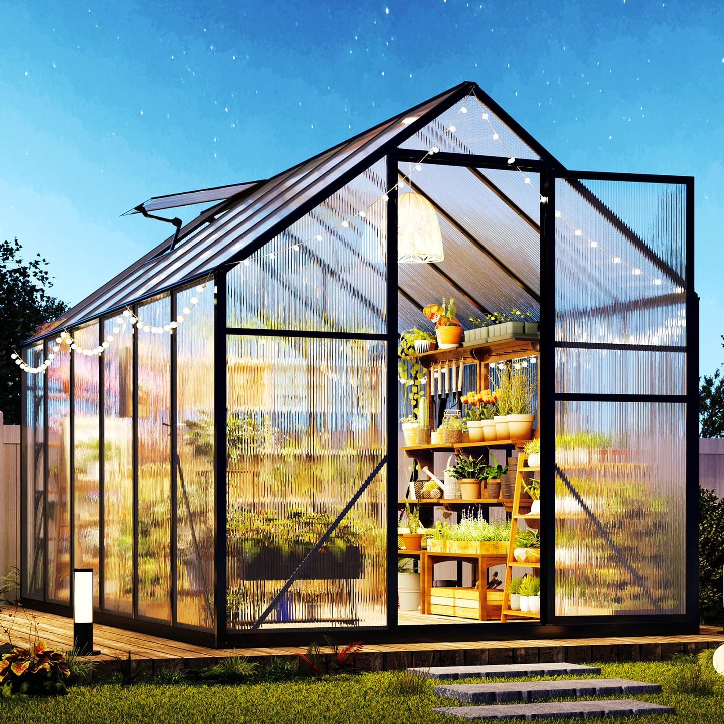 Jocisland Polycarbonate Greenhouse, Walk-in Aluminum with 2 top-opening windows, 2 Swing Doors, Heavy Duty Outdoor Greenhouse, Black