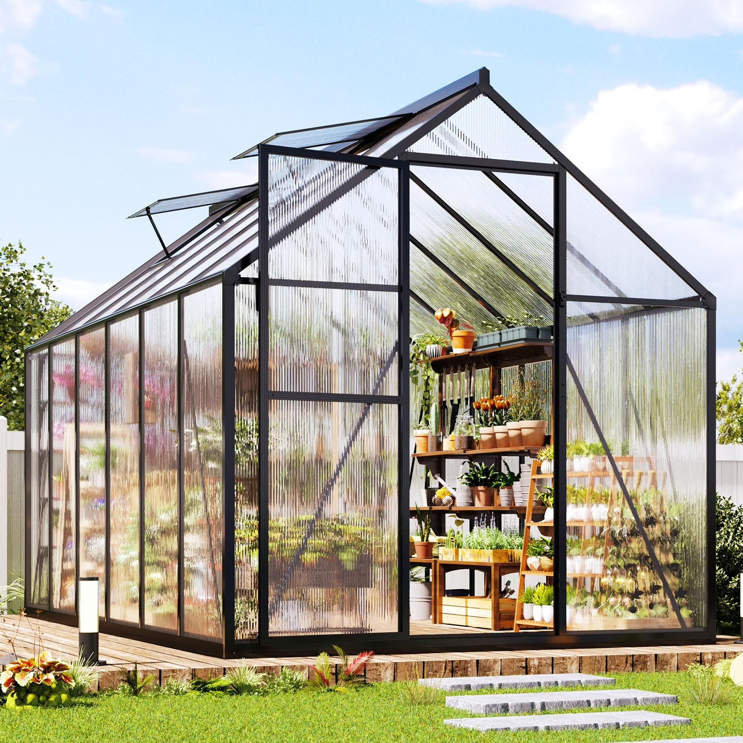 Jocisland Polycarbonate Greenhouse, Walk-in Aluminum with 2 top-opening windows, 2 Swing Doors, Heavy Duty Outdoor Greenhouse, Black