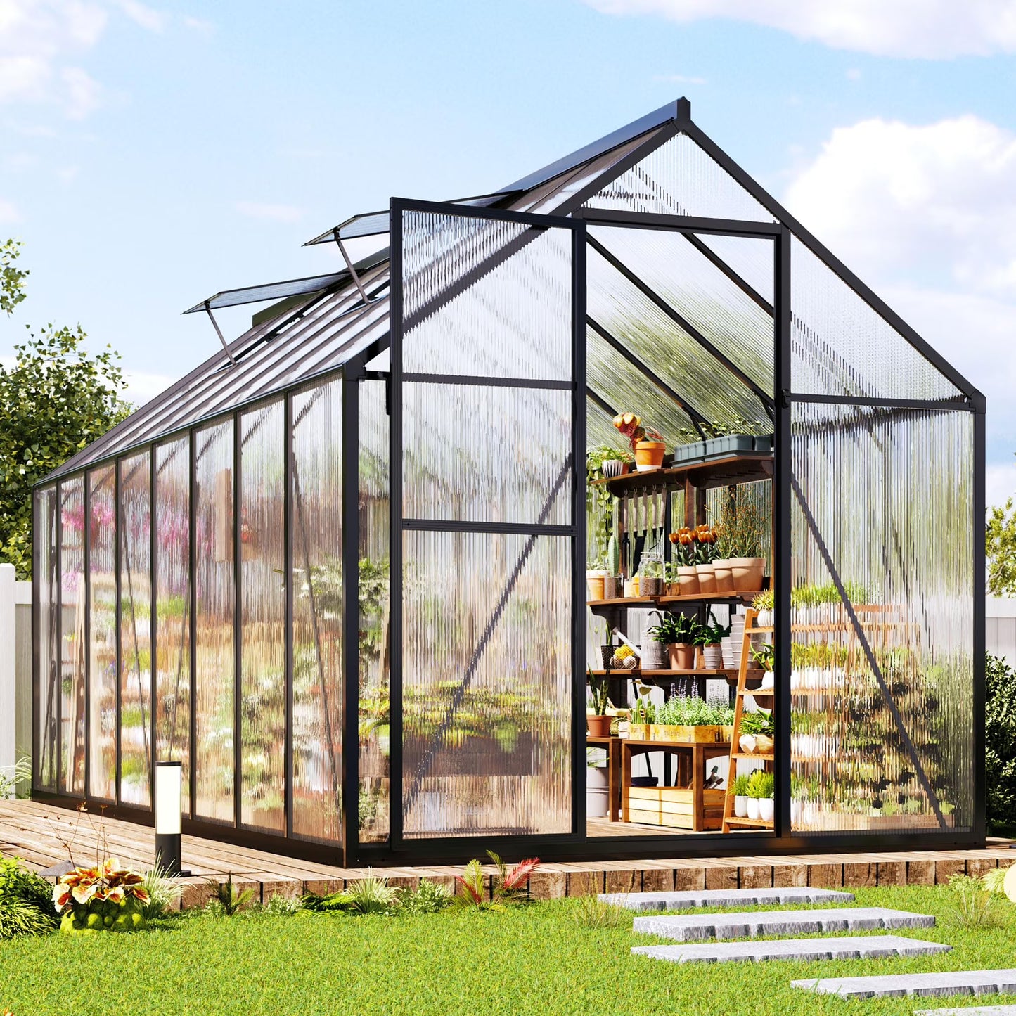 Jocisland Polycarbonate Greenhouse, Walk-in Aluminum with 2 top-opening windows, 2 Swing Doors, Heavy Duty Outdoor Greenhouse, Black
