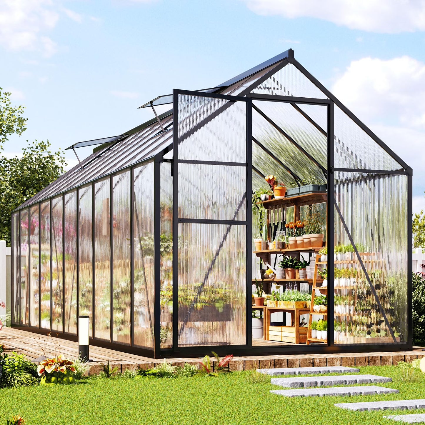 Jocisland Polycarbonate Greenhouse, Walk-in Aluminum with 2 top-opening windows, 2 Swing Doors, Heavy Duty Outdoor Greenhouse, Black