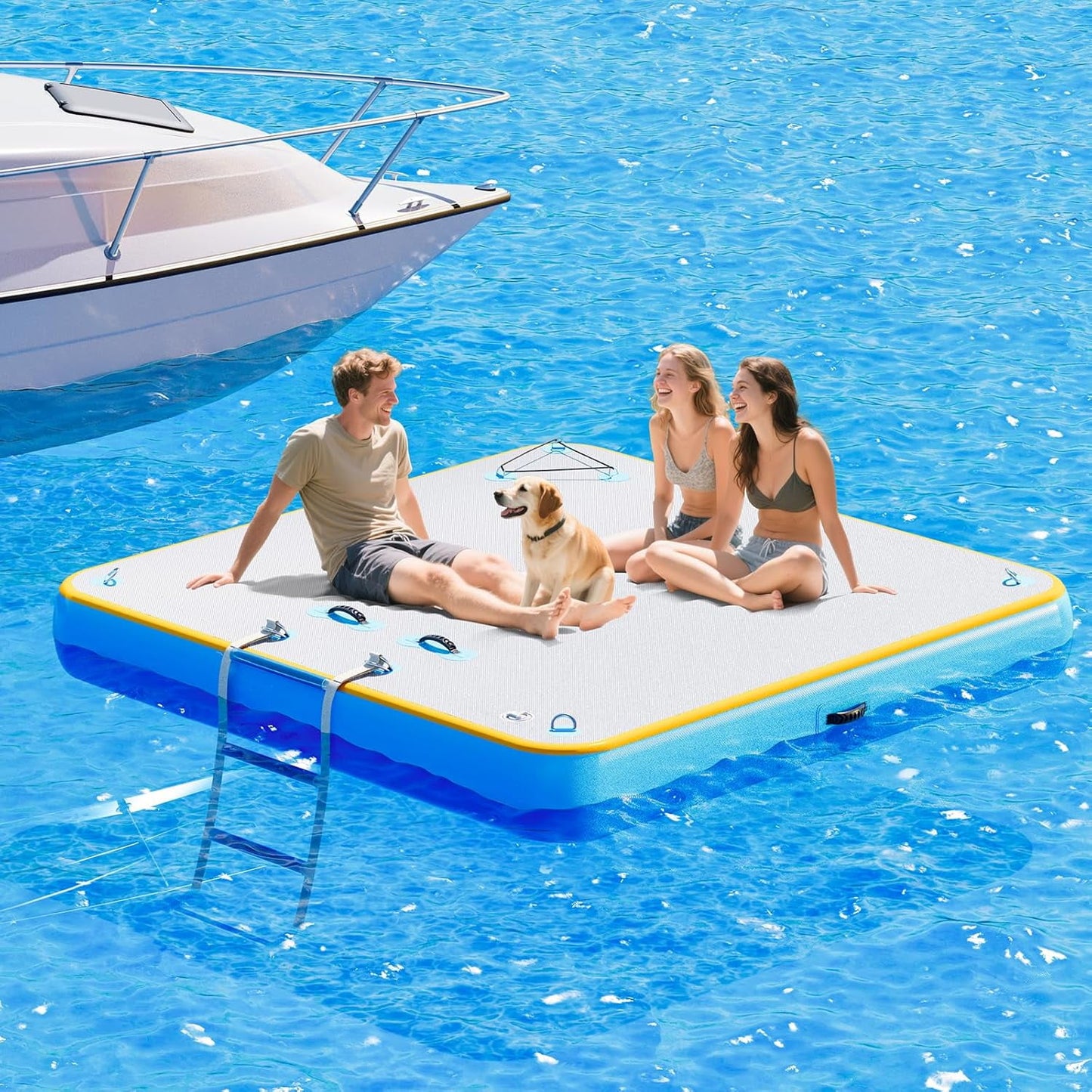 Jocisland 6x6 ft Inflatable Floating Dock with Non-Slip Surface, Detachable Ladder, Multi-Person Swim Platform for Pool, Beach, Ocean, Gray+Blue
