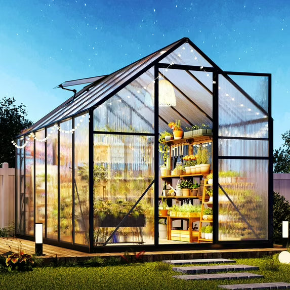 Jocisland Polycarbonate Greenhouse, Walk-in Aluminum with 2 top-opening windows, 2 Swing Doors, Heavy Duty Outdoor Greenhouse, Black
