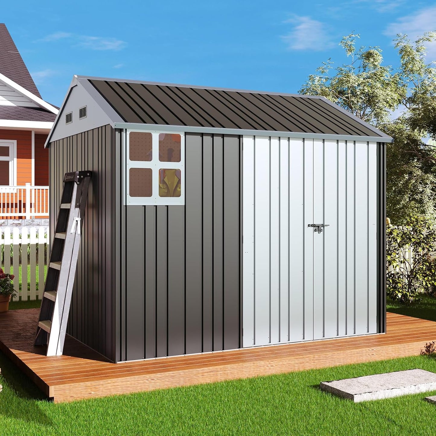 Jocisland 8.5x7.1x7.5 FT Galvanized Steel Outdoor Storage Shed, 4 Vents and Lockable Double Hinged Doors, Metal Shed for Backyard Storage, Dark Black/White