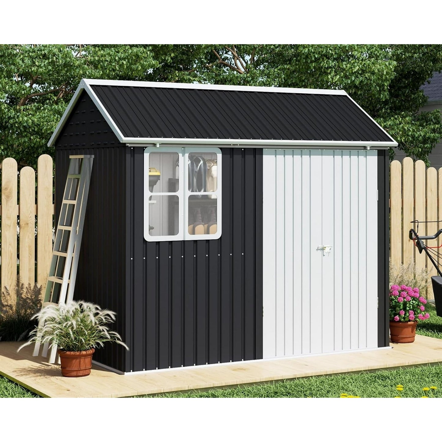 Jocisland 8.6x6x8 FT Outdoor Storage Shed with Lockable Upgraded Vents and Hinged Double Doors, Metal Shed for Backyard, Patio, Garden, Dark Black/White