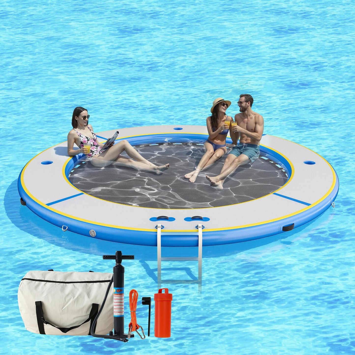 Jocisland 8FT Inflatable Water Hammock Round Floating Dock with Mesh, Tanning Pool Floating Rafts for Adults, Inflatable Raft Float Ring Platform