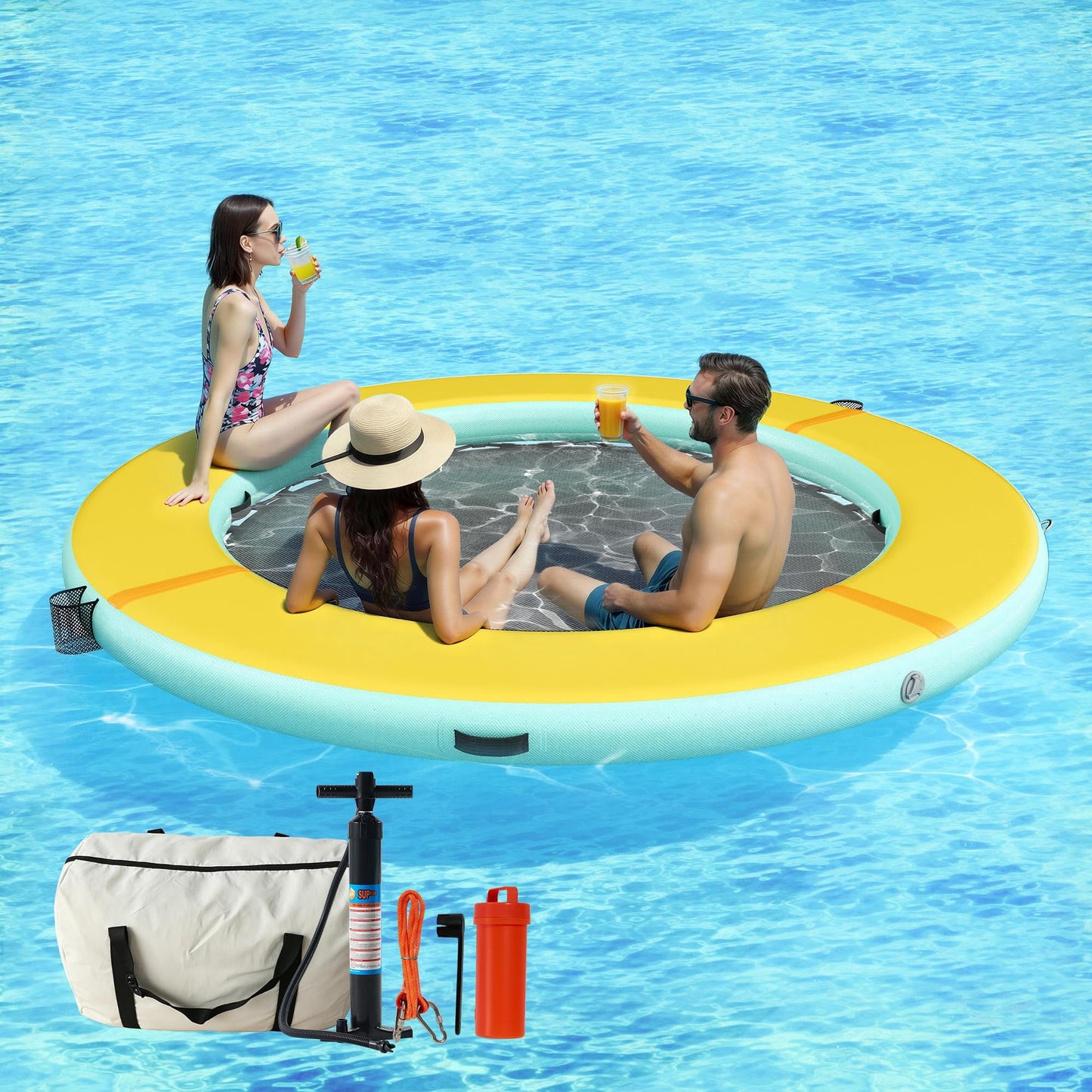 Jocisland 8FT Inflatable Water Hammock Round Floating Dock with Mesh, Tanning Pool Floating Rafts for Adults, Inflatable Raft Float Ring Platform