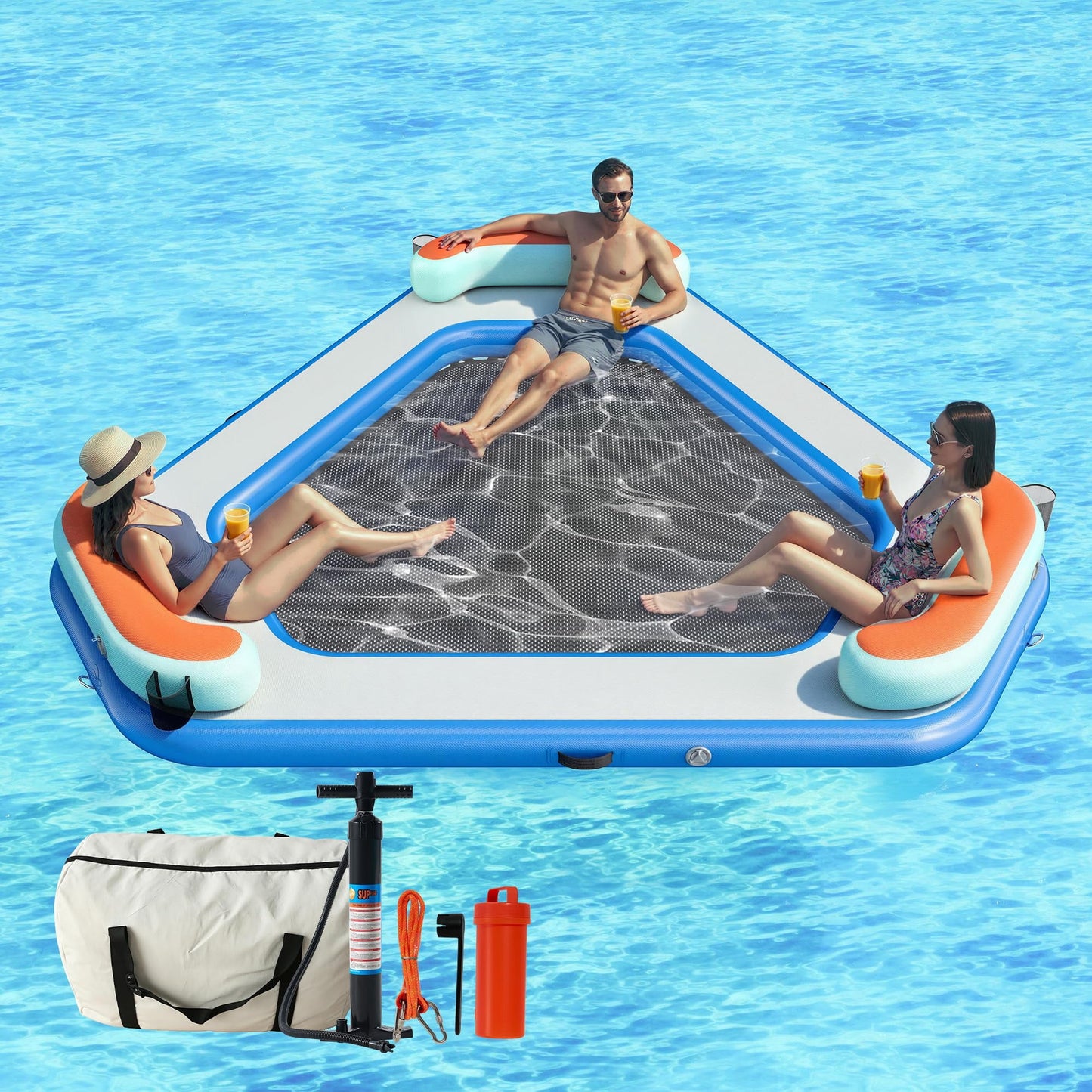 Jocisland 8FT Inflatable Water Hammock Round Floating Dock with Mesh, Tanning Pool Floating Rafts for Adults, Inflatable Raft Float Ring Platform