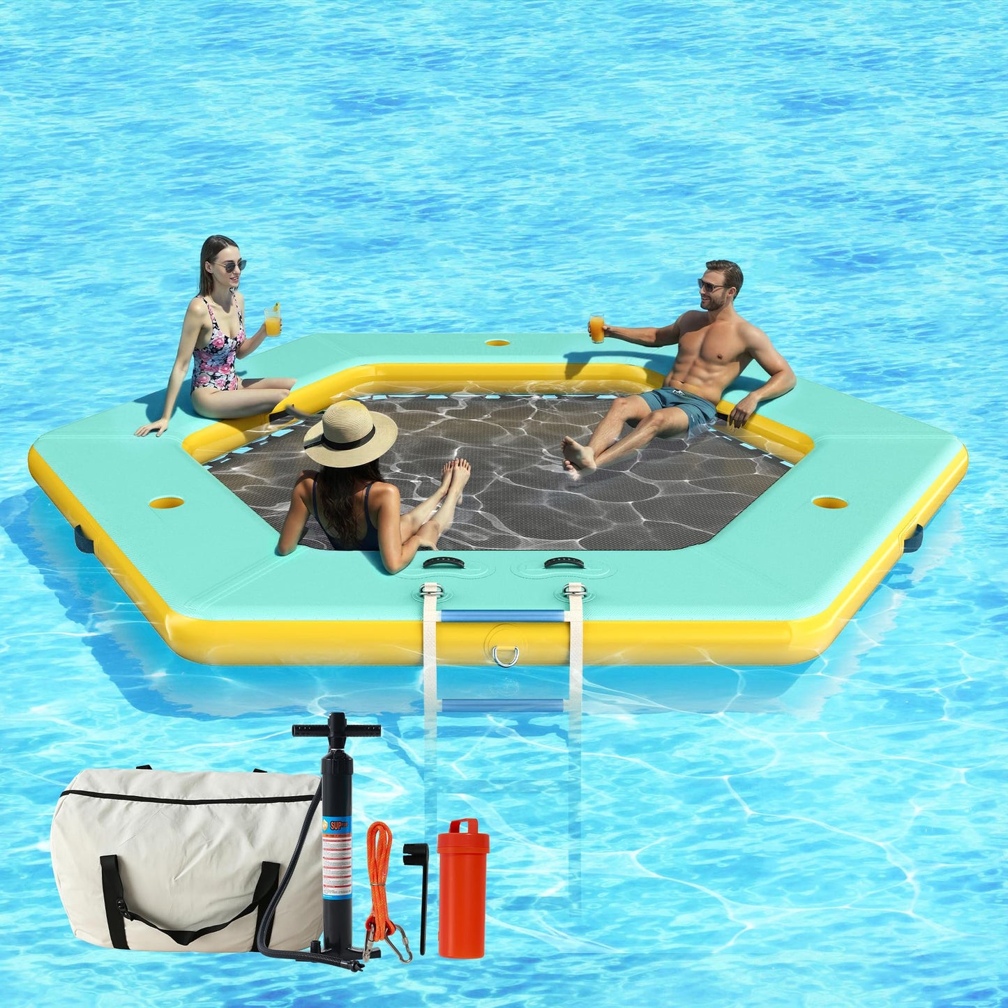 Jocisland 8FT Inflatable Water Hammock Round Floating Dock with Mesh, Tanning Pool Floating Rafts for Adults, Inflatable Raft Float Ring Platform