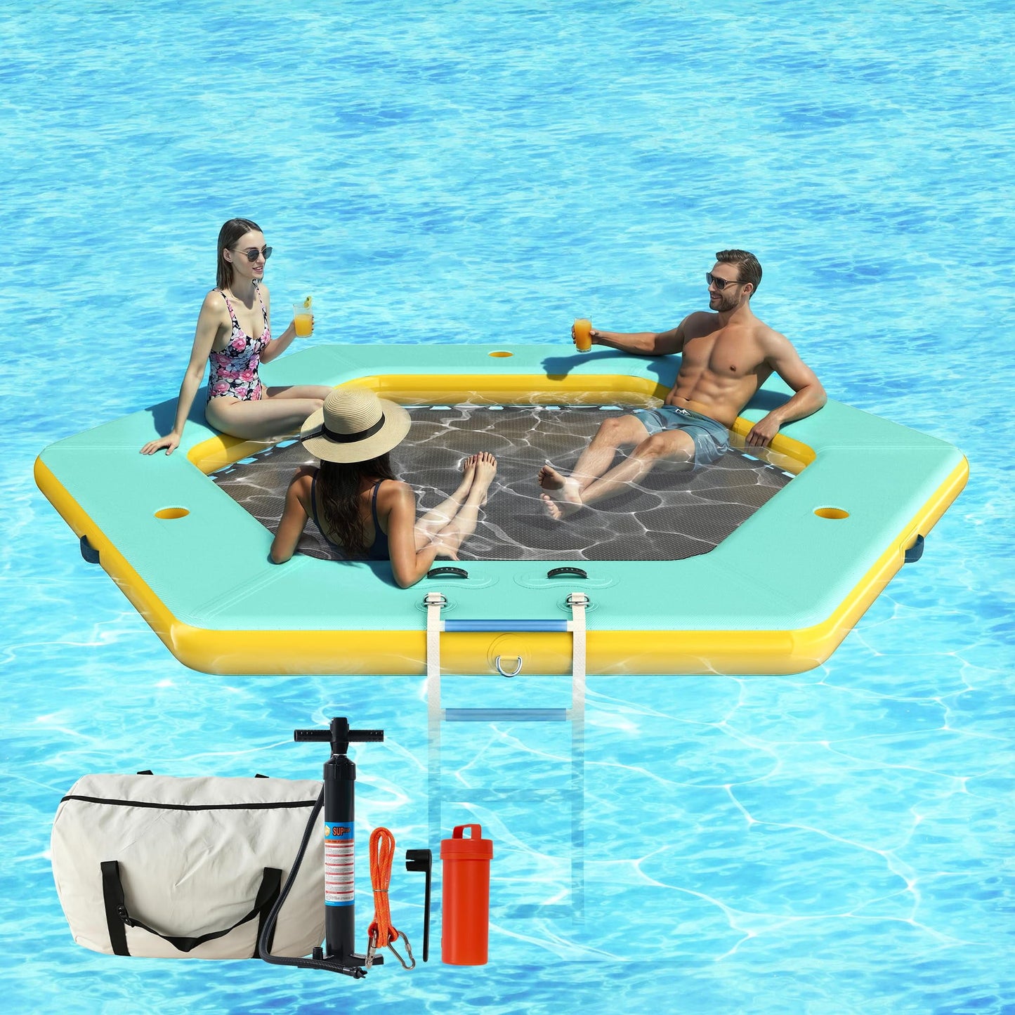 Jocisland 8FT Inflatable Water Hammock Round Floating Dock with Mesh, Tanning Pool Floating Rafts for Adults, Inflatable Raft Float Ring Platform