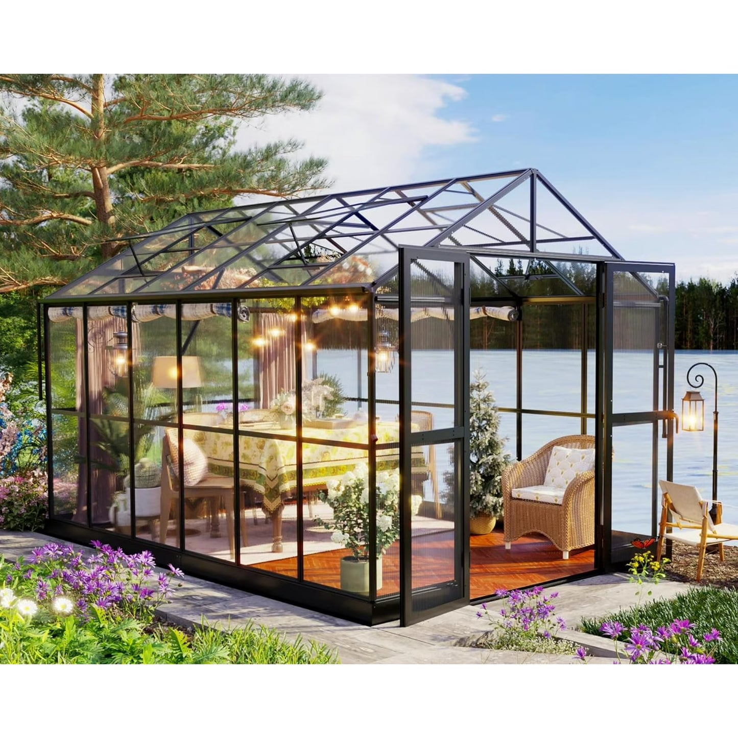 Jocisland Polycarbonate Greenhouse Double Swing Doors 2 Vents 5.2FT Added Wall Height, Walk-in Aluminum Hobby Greenhouse Sunroom Winter Greenhouse for Outdoors, Black