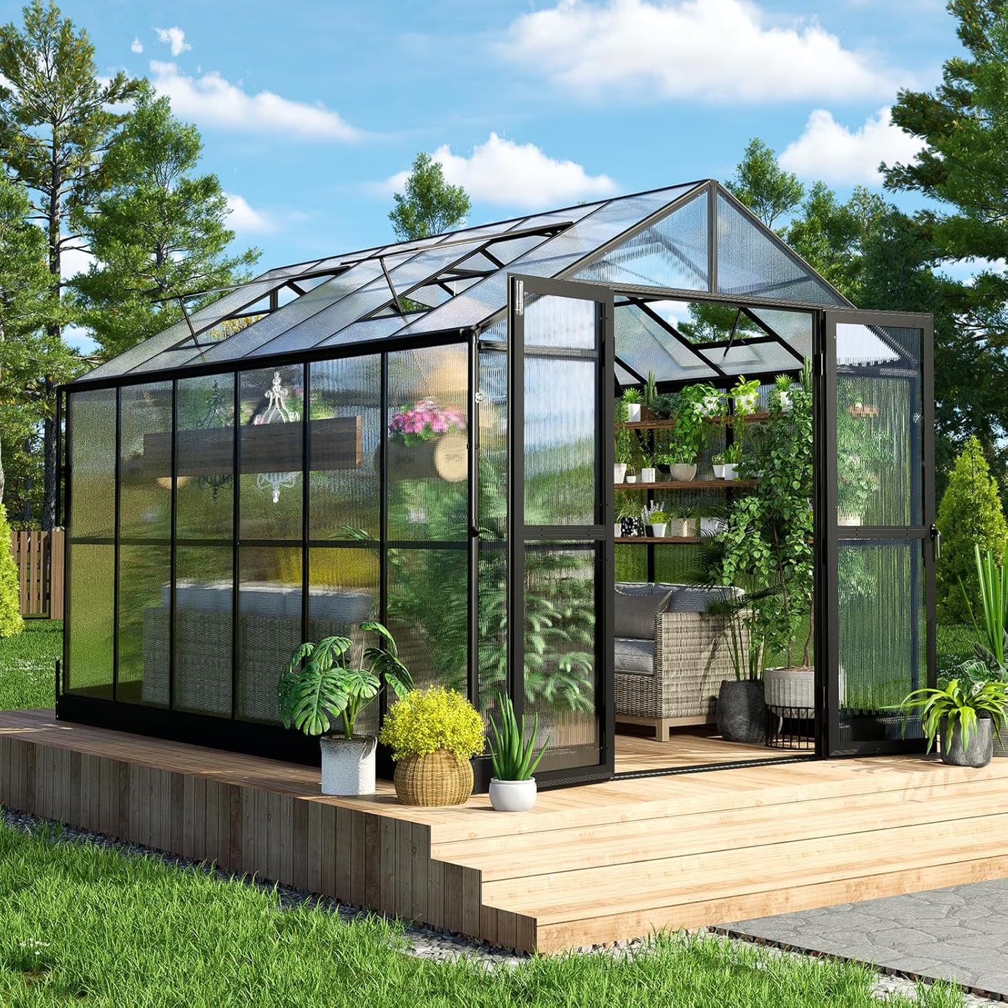 Jocisland Polycarbonate Greenhouse Double Swing Doors 2 Vents 5.2FT Added Wall Height, Walk-in Aluminum Hobby Greenhouse Sunroom Winter Greenhouse for Outdoors, Black