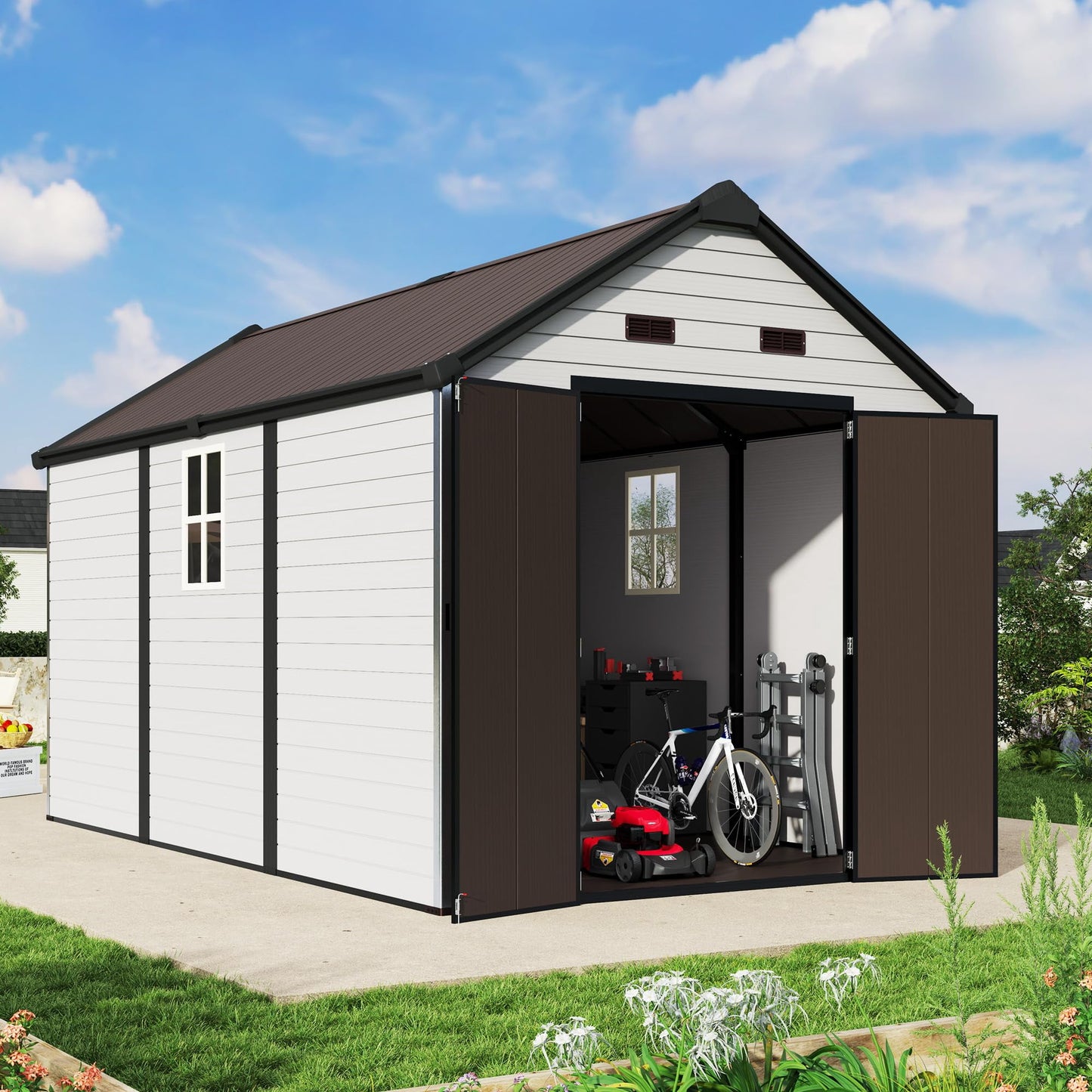 Jocisland Outdoor Resin Storage Shed with Floor & Double Doors, Sloped Roof with Window & Vents, Waterproof Tool Sheds for Lawn, Backyard
