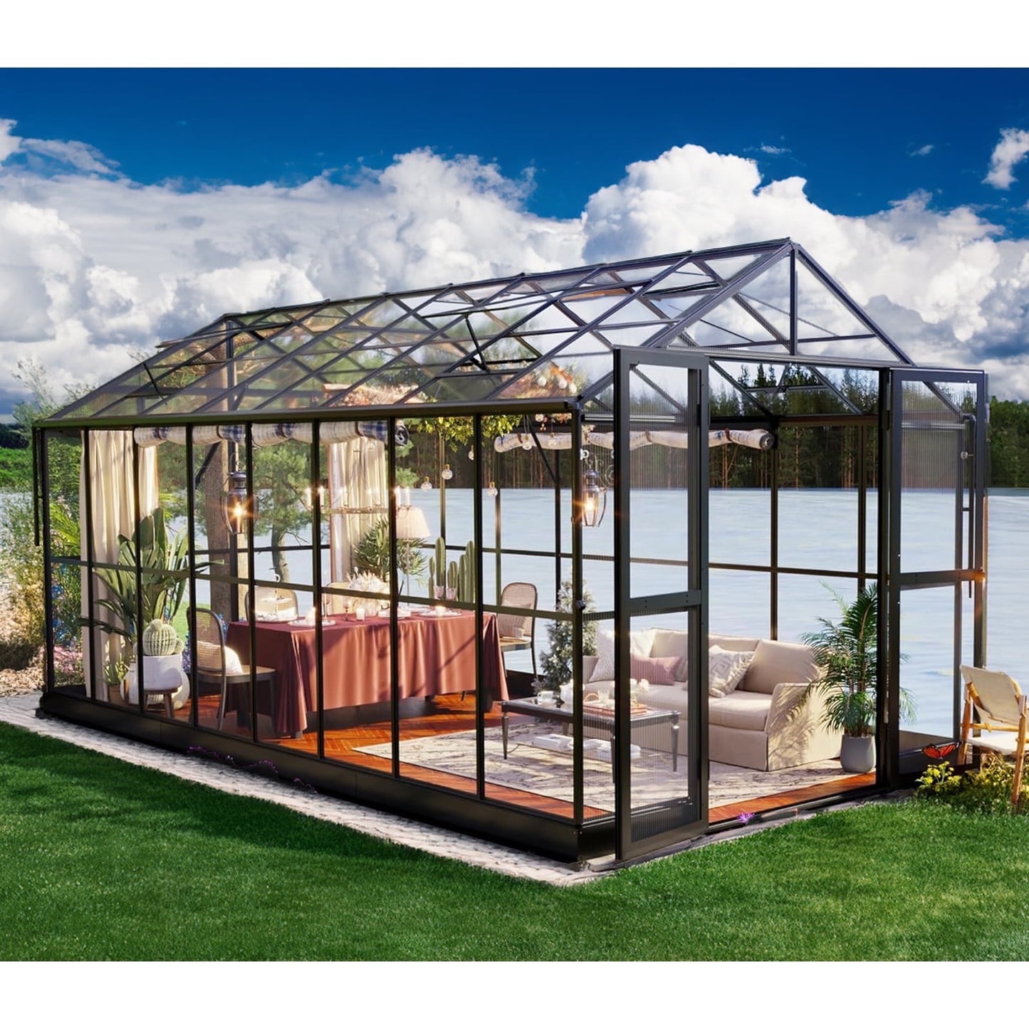 Jocisland Polycarbonate Greenhouse Double Swing Doors 2 Vents 5.2FT Added Wall Height, Walk-in Aluminum Hobby Greenhouse Sunroom Winter Greenhouse for Outdoors, Black