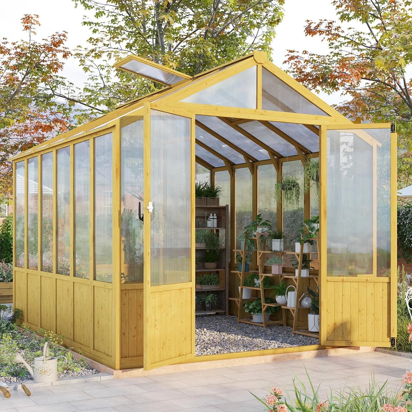 Jocisland Wooden Greenhouse with Lockable Door, Walk-in Cedar Structure, Adjustable Roof Vents, Polycarbonate Panels for Outdoor, Garden, Backyard