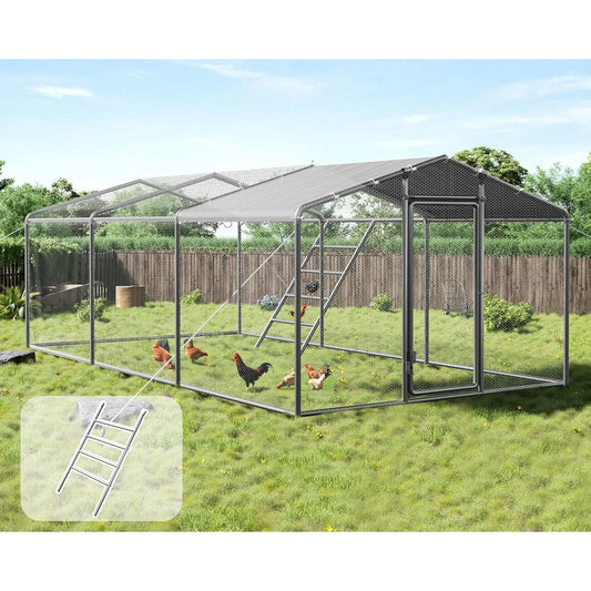 Jocisland Large Chicken Coop with Perch and Hinged Door, Spire Roof Walk-in Chicken Run with Metal Frame and PE Cover for Backyard Poultry, Ducks, Rabbits