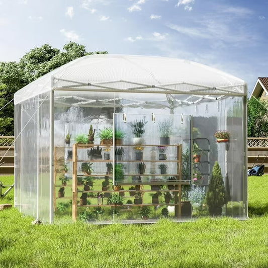 Jocisland 9.7x9.7×8.5 FT Upgraded Pop-up Greenhouses for Outdoors Indoor with Adjustable Reinforced Frame, Portable Walk in Green house with Roll-up Zipper Door, Windows and PE Cover, White