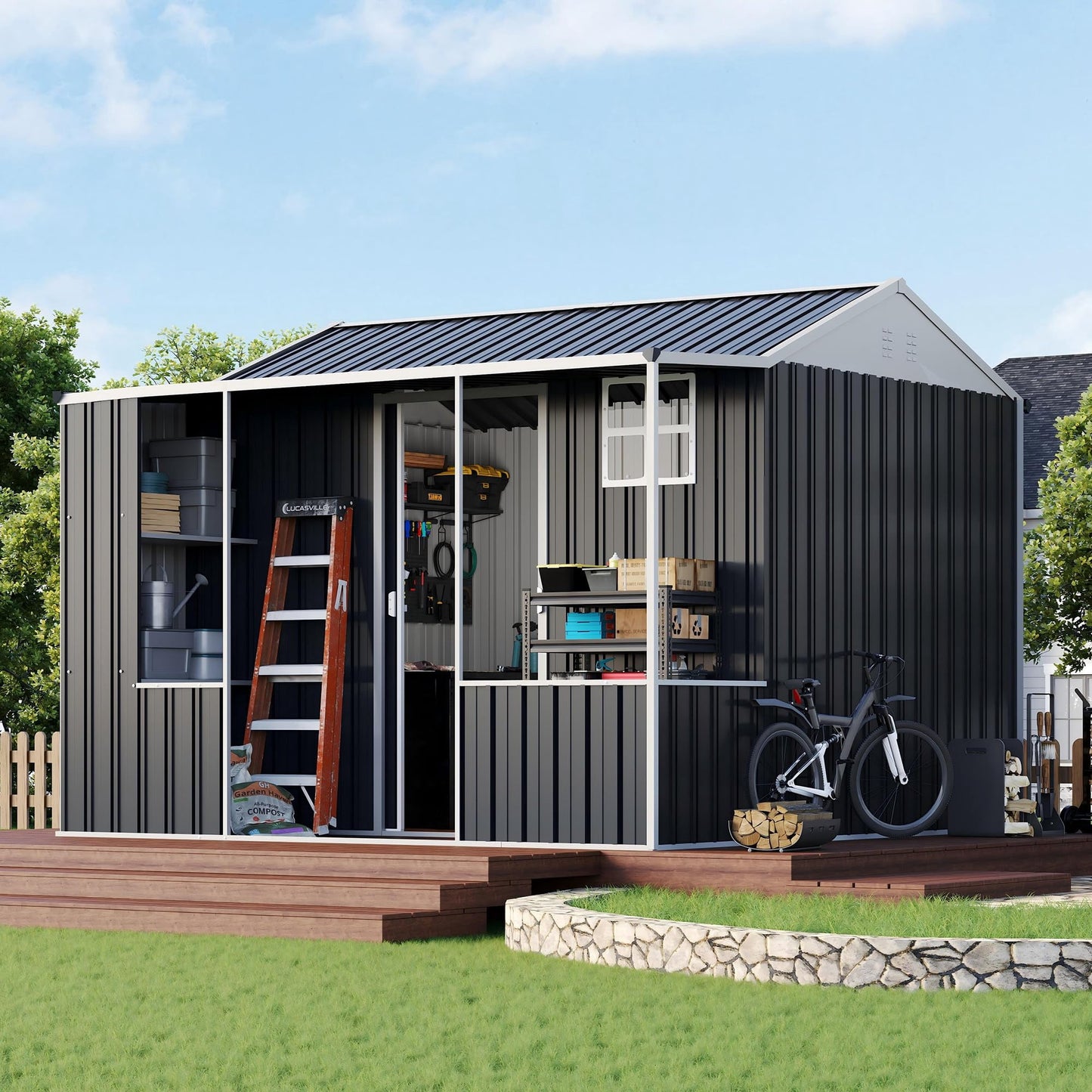 Jocisland Metal Storage Shed, Dual-Zone Tool Shed with Work Area, Reinforced Frame, Gable Roof, Ventilated Design, Dark Grey