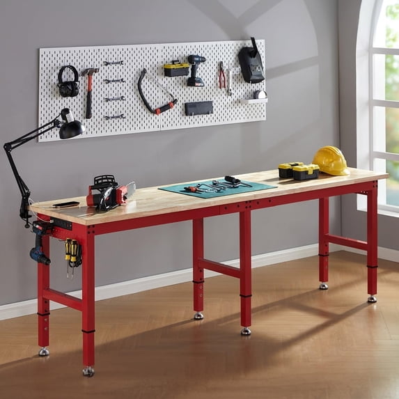 Jocisland Adjustable Workbench with Power Outlets, 5000 lbs Capacity Rubber Wood Top Work Benches for Garage, Heavy Duty Work Bench, Office, Workshop