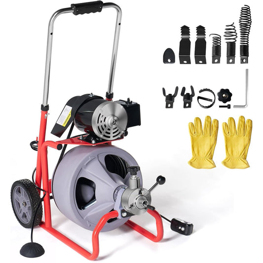 Jocisland Drain Cleaner Machine 75 FT x 3/8 inch, Auto Feed Electric Drain Snake with 9 Cutters & Air-activated Foot Switch for 1 to 4 Inch Pipes, Sewer Snake Auger, Grey/Red