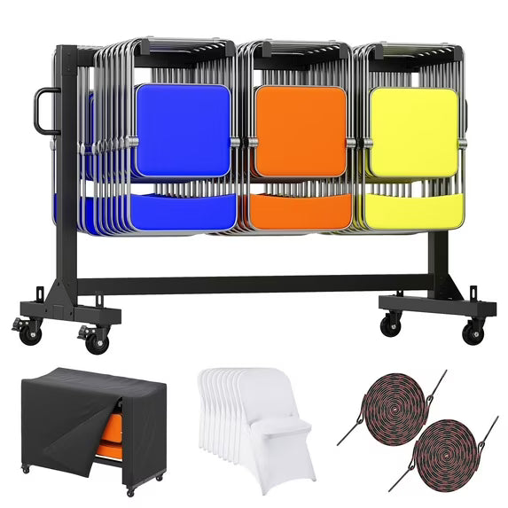 Jocisland Folding Chair Rack, Holds 12 Tables, Heavy-Duty Cart with Wheels, Elastic Cords, Cover, Glossy Black