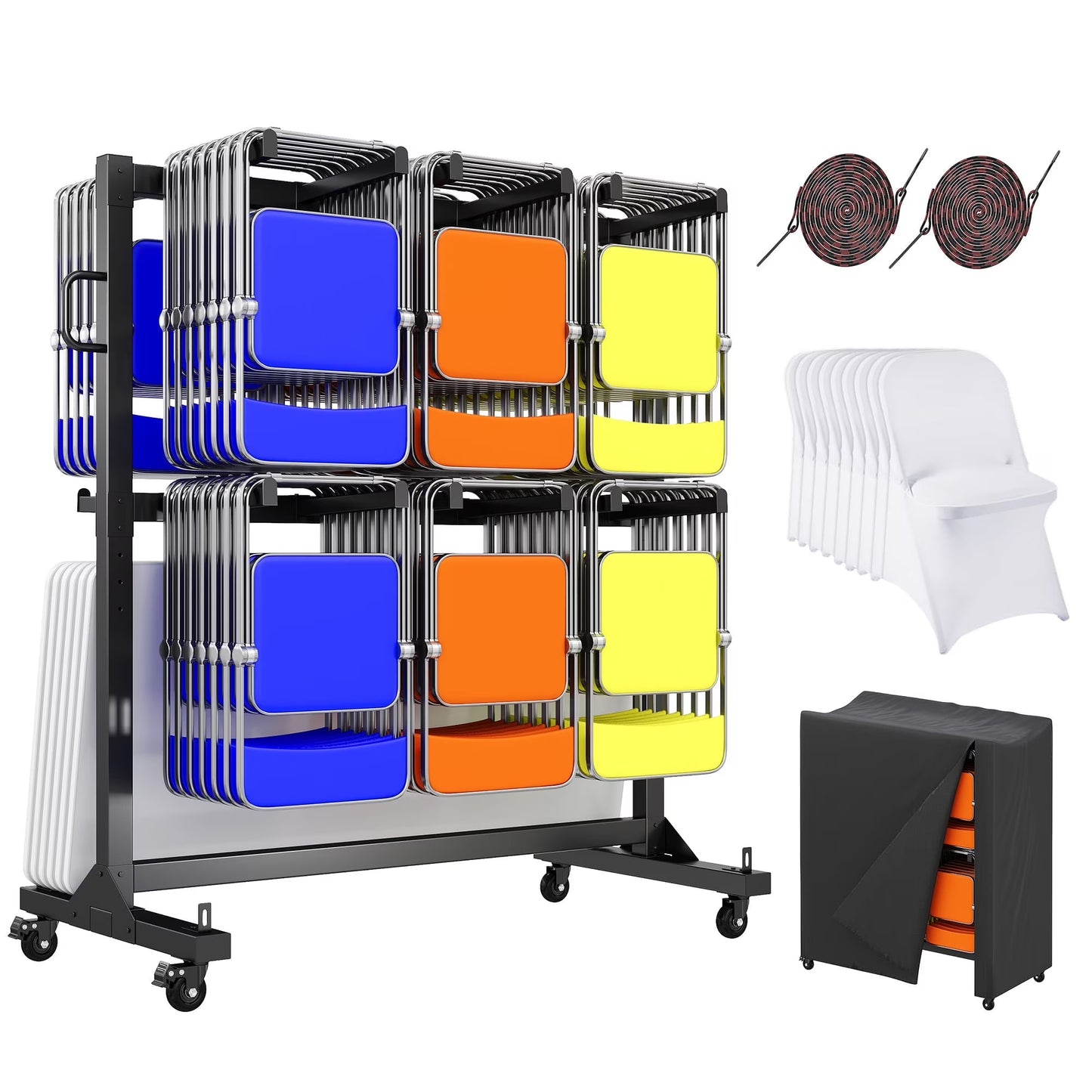 Jocisland Folding Chair Rack, Holds 12 Tables, Heavy-Duty Cart with Wheels, Elastic Cords, Cover, Glossy Black