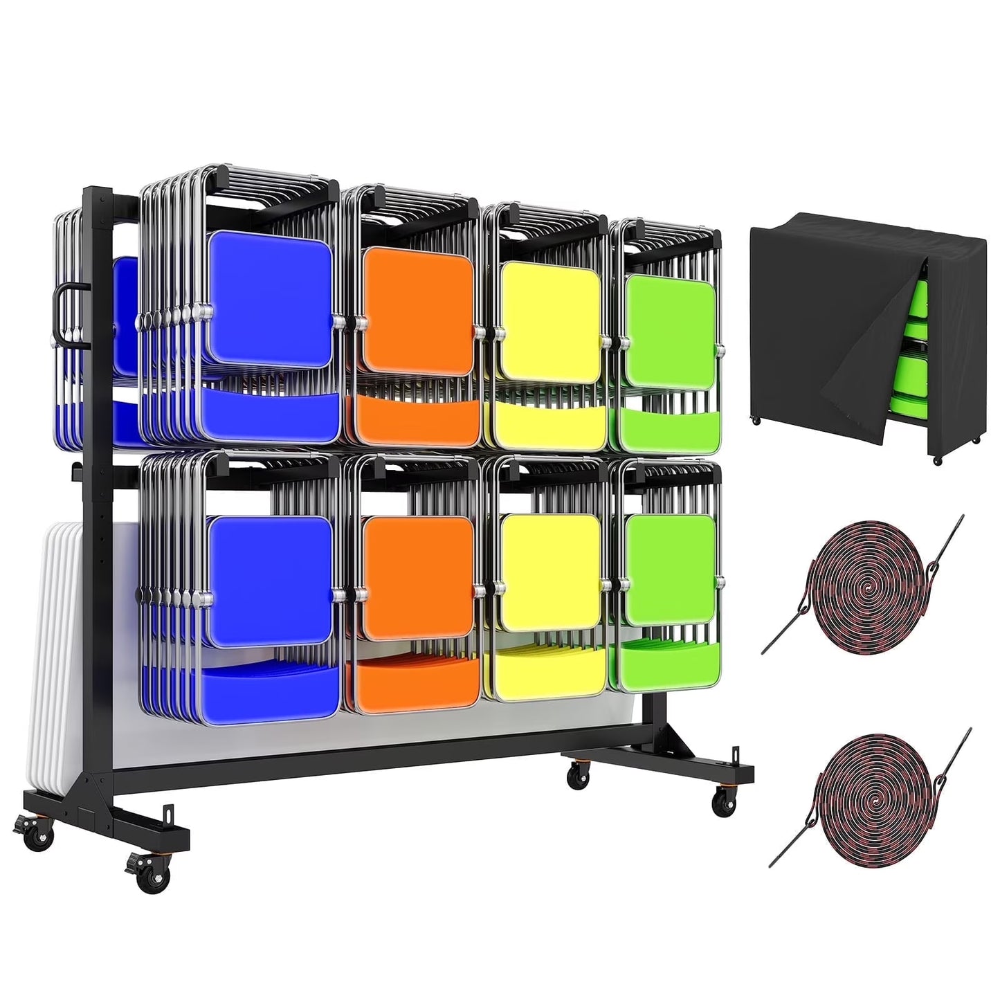 Jocisland Folding Chair Rack, Holds 12 Tables, Heavy-Duty Cart with Wheels, Elastic Cords, Cover, Glossy Black