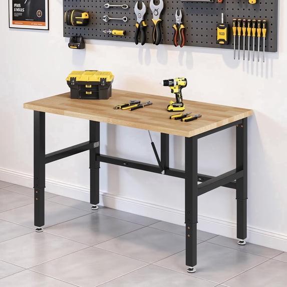 Jocisland Folding Workbench, Adjustable Foldable Workbench, 34.7"-40" Height Adjustable, Rubber Wood Top for Garage, Workshop, Office