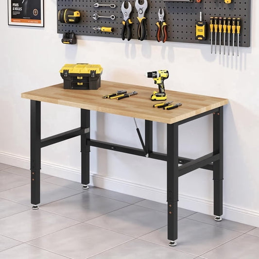 Jocisland Folding Workbench, Adjustable Foldable Workbench, 34.7"-40" Height Adjustable, Rubber Wood Top for Garage, Workshop, Office