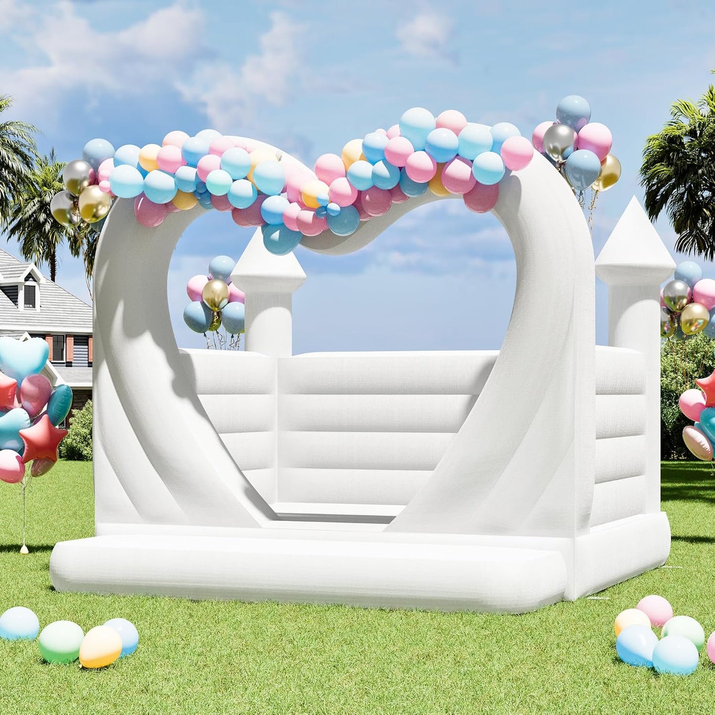 Jocisland Inflatable White Bounce House, 13.1×13.1×9.8FT PVC Inflatable White Castle with 950W Blower, for Wedding and Party Decorations
