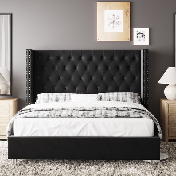VanAcc Bed Frame Upholstered Bed Wingback Headboard Velvet Tufted Diamond Button/No Box Spring Needed/Easy