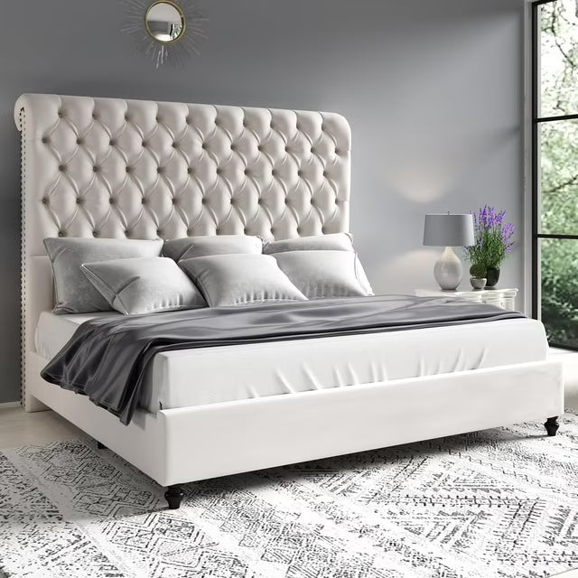 PLAUIN Bed Frame with 59.1" Sleigh Headboard,Velvet Upholstered,No Box Spring Needed