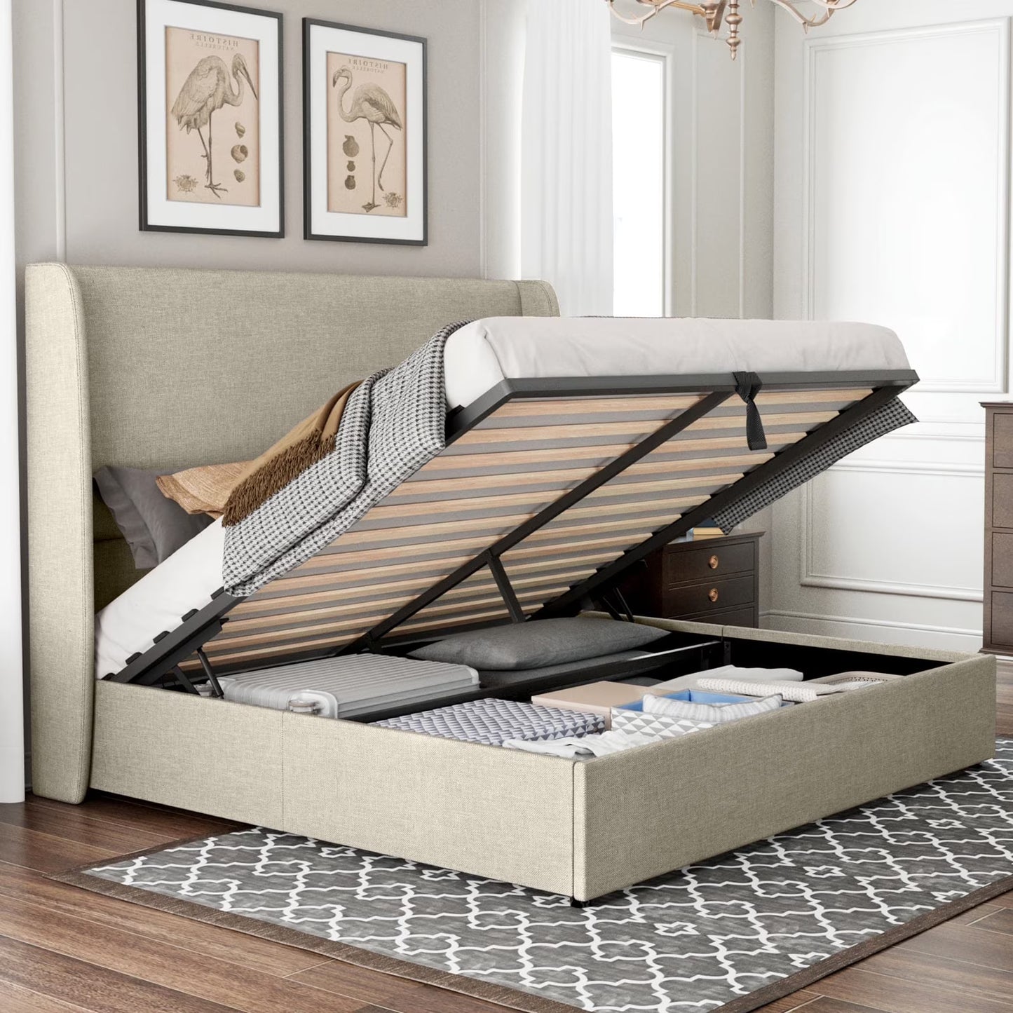 Merluxy Bed Frame with Lift up Storage, Linen Platform Bed Frame, No Box Spring