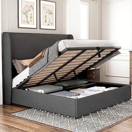 Merluxy Bed Frame with Lift up Storage, Linen Platform Bed Frame, No Box Spring
