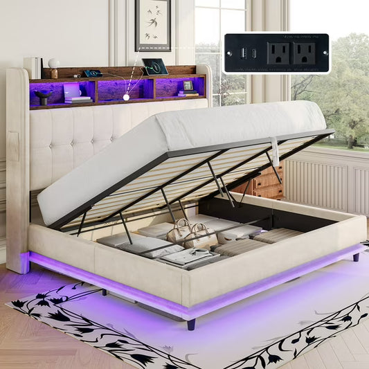 Merluxy Lift Up Bed Frame with Charging Station & LED Lights, Upholstered Bookcase Headboard with Wingback, Hydraulic Lift Storage, No Box Spring Needed, Sturdy Wood Slats Support