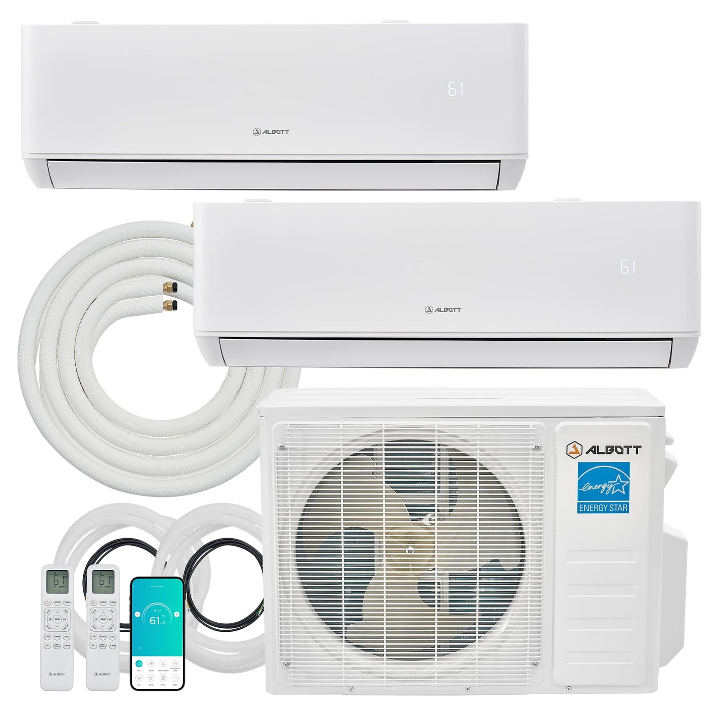 Jocisland Mini Split AC/Heating System, 20,000 BTU ODU, 25 SEER2 2 Zone 9K+12K BTU Ductless Inverter Heat Pump, WiFi Enabled, 208-230V
