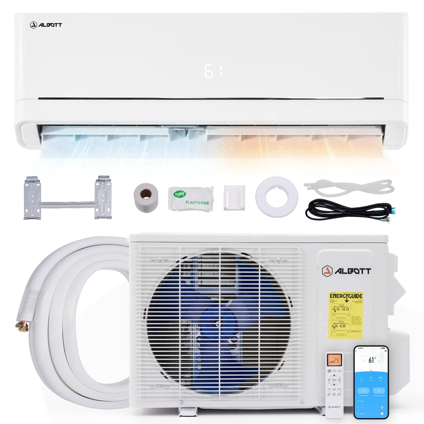 VanAcc Mini Split AC/Heating System, 20,000 Btu Odu, 25 SEER2 2 Zone 9K+9K Btu Ductless Inverter Heat Pump, Wifi Enabled, 208-230V