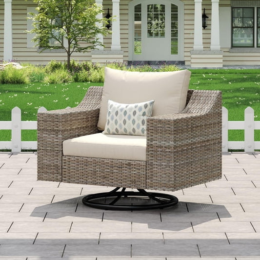 Jocisland Outdoor Glider Rocking Chair, Wicker 360° Swivel Patio Chairs with 6" Wide Armrests, with Thick Cushions, for Porch/Deck/Garden/Backyard