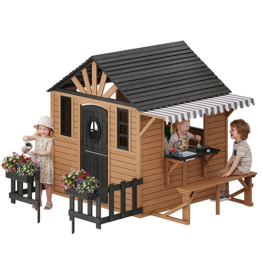 Jocisland Outdoor Wooden Playhouse with Kitchen Playset, Upgrade Backyard Cottage for Kids with Fence, Dutch Door, Boys & Girls Ages 3-8