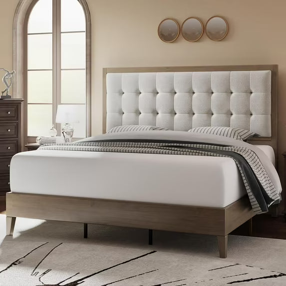 Merluxy Bed Frame, Adult Wood Platform Bed with Upholstered Headboard