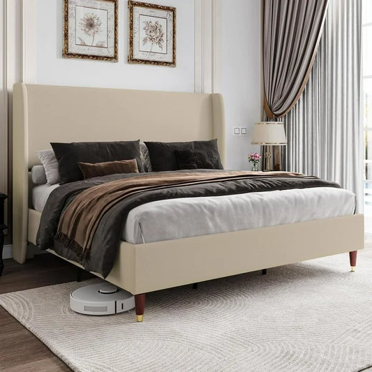 Merluxy Bed Frame with 51.2" Wingback Headboard, Linen Upholstered, No Box Spring Needed