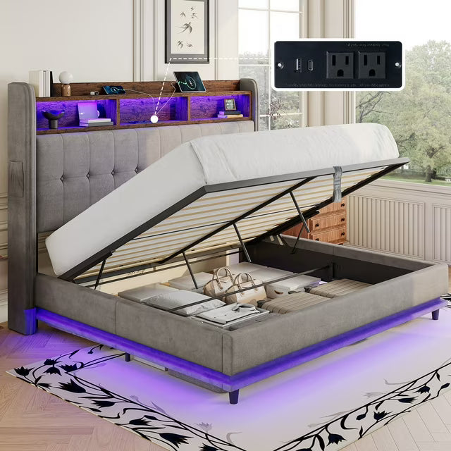 Merluxy Lift Up Bed Frame with Charging Station & LED Lights, Upholstered Bookcase Headboard with Wingback, Hydraulic Lift Storage, No Box Spring Needed, Sturdy Wood Slats Support
