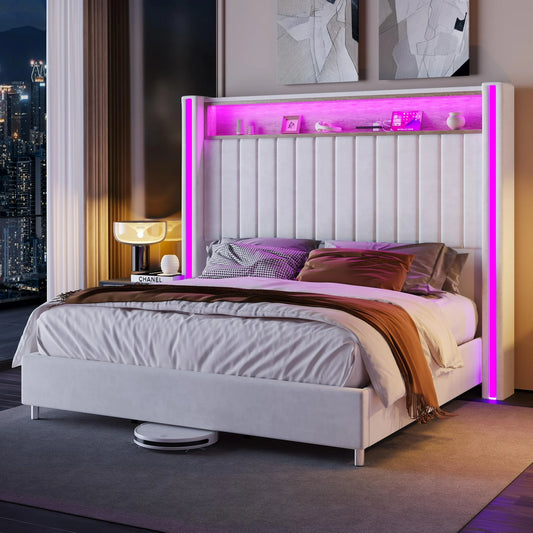 Merluxy Bed Frame with LED Lights and Charging Station, Velvet Upholstered Platform Bed with 53" Tall Storage Headboard and Wingbacks, No Box Spring Needed