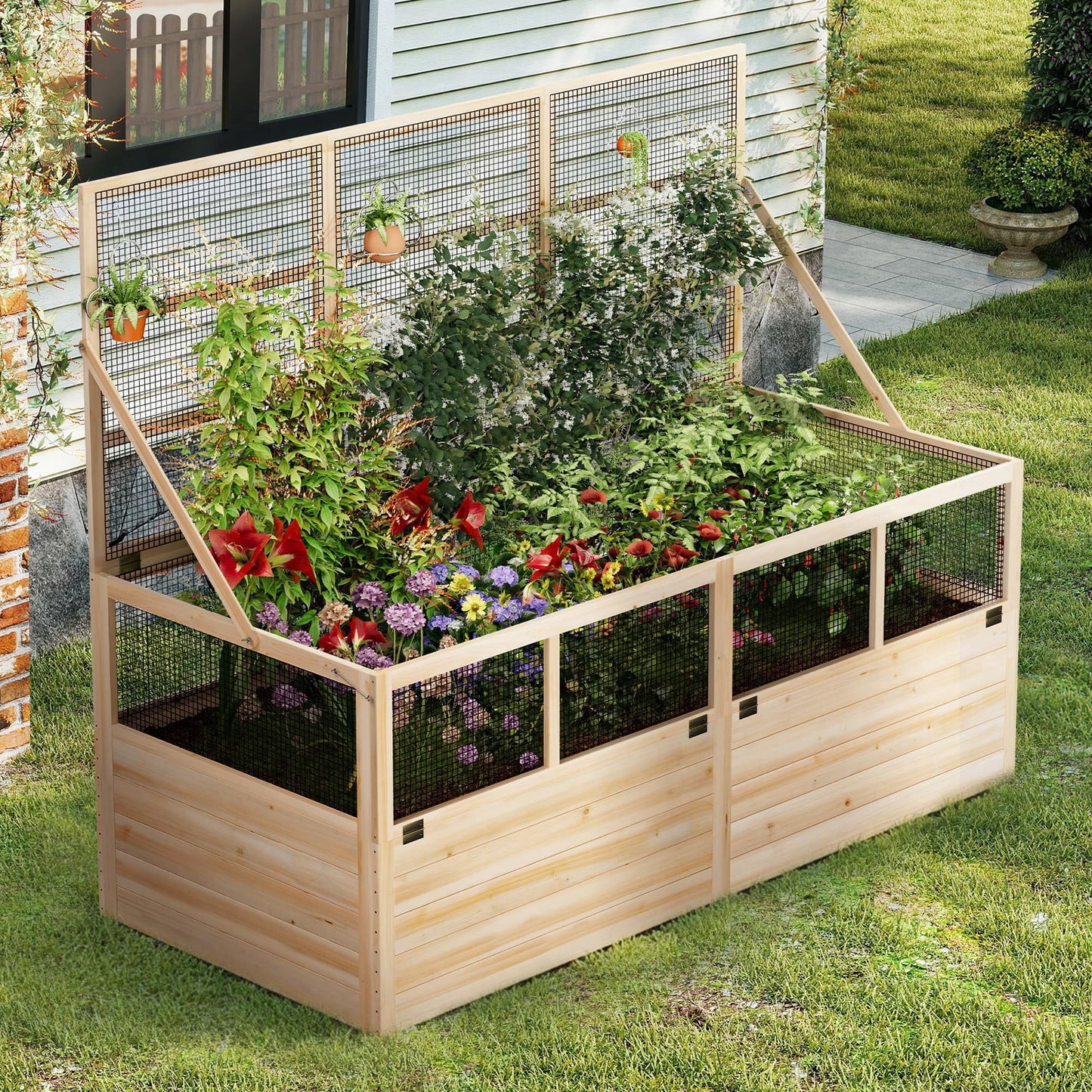 Jocisland Raised Garden Bed with Hinged Fencing and Trellis, 18" Deepened Wood Planter Box, Easy Assembly, Ideal for Growing Vegetables & Fruits