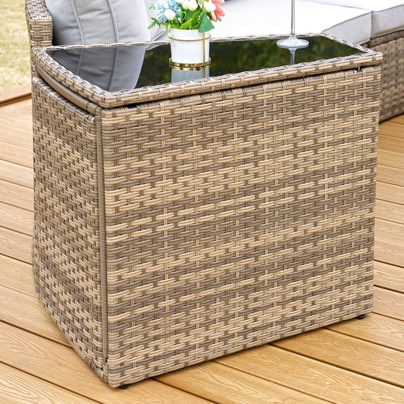 Jocisland Rattan PE Patio Storage Side Table Sofa Wedge End Table with Tempered Glass Top