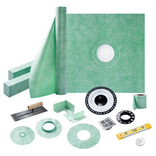 Jocisland Shower Curb Kit with Complete Shower Kit- Tray, Curb, Membrane, Seals, Bonding Flange, Corners, Trowel & Level, 48" x 48" Tray, Center Outlet Position