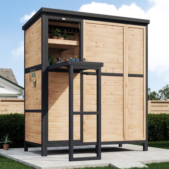 Jocisland Solid Fir Wood Outdoor Storage Shed, Garden Tool Shed with Foldable Workbench, Weatherproof Utility Cabinet for Backyard, 2.76x5.15x5.9 ft
