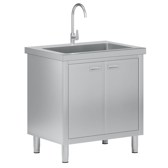 Jocisland Stainless Steel Utility Sink with Cabinet, Commercial Freestanding, Double-Door Storage for Restaurant, Laundry Room, Garage