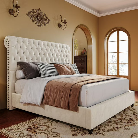 Merluxy Upholstered Bed Frame Velvet Tufted Sleigh Headboard