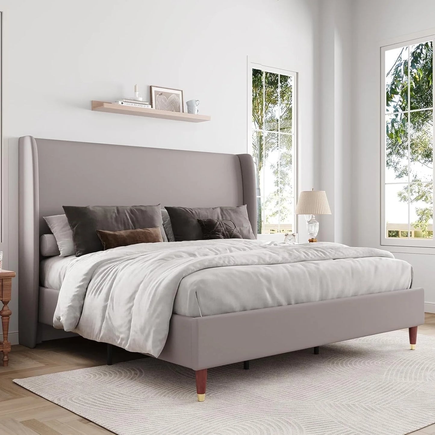 Merluxy Bed Frame with 51.2" Wingback Headboard,Linen Upholstered,No Box Spring Needed